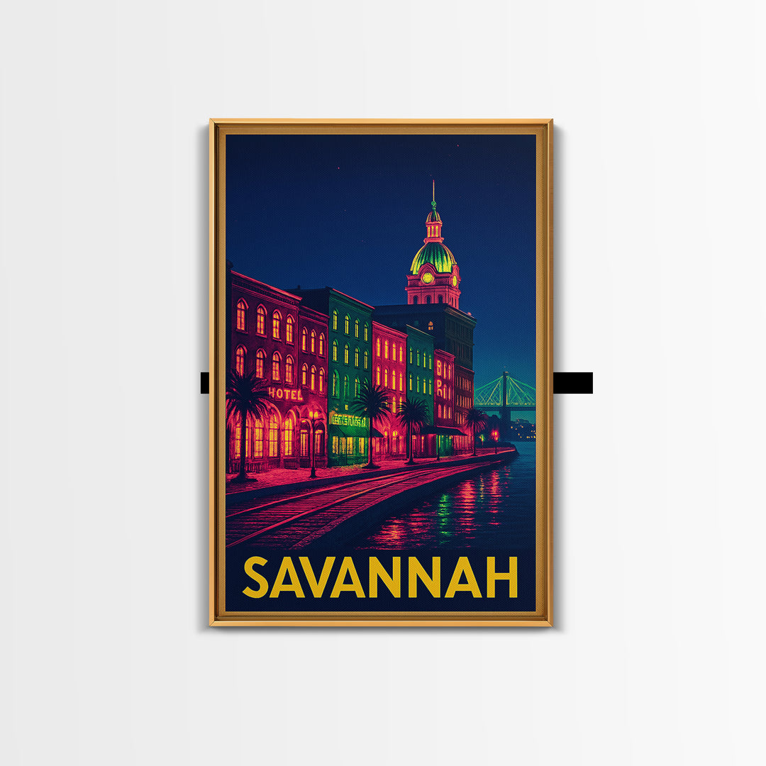 Savannah Georgia Travel Poster, Framed Canvas Print, Cyberpunk Style City Art, Savannah Wall Art, Retro Travel Print, Vintage Travel Print