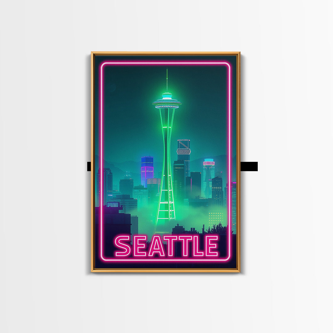 Seattle Travel Poster, Canvas Print, Electric Night Poster Art, Seattle Art Print, Vintage City Poster, Retro Travel Print, City Poster