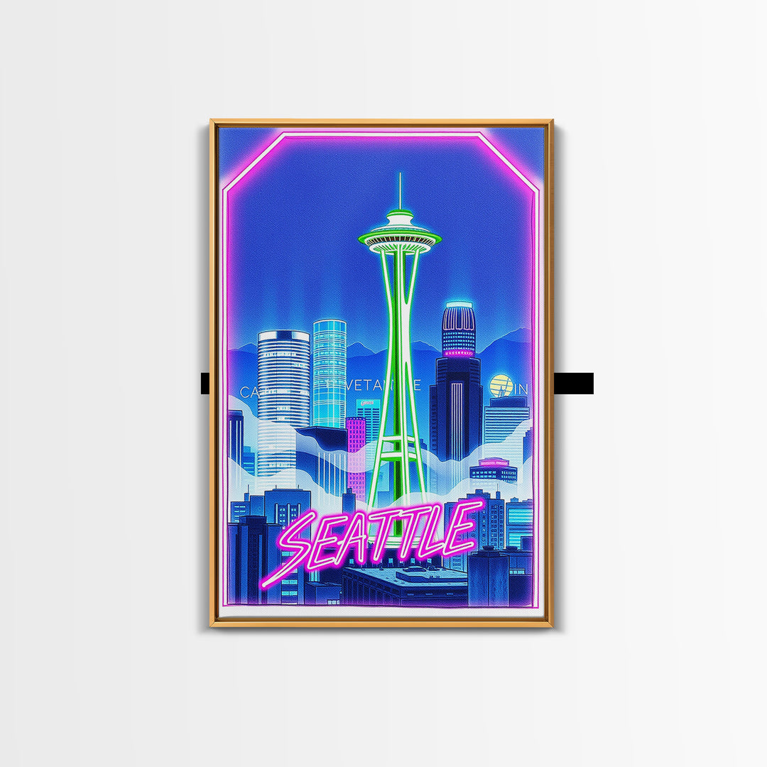 Seattle Travel Poster, Canvas Print, Cyberpunk Style City Art, Seattle City Art, Watercolor Skyline, City Travel Prints, Travel Wall Art
