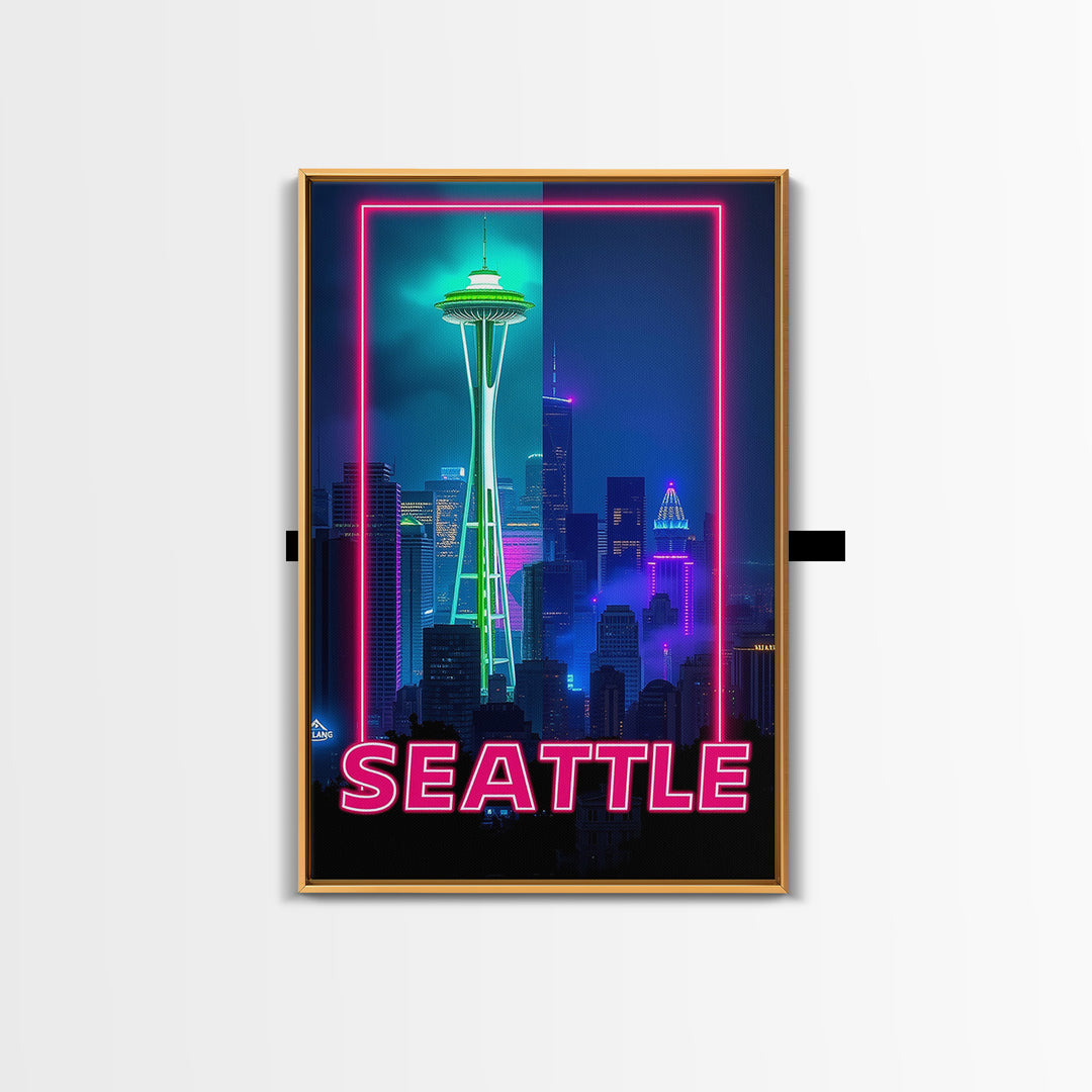 Seattle Travel Poster, Framed Canvas Print, Retro Neon Travel Art, Seattle City Art, Modern Wall Decor, Travel Wall Decor, Fine Art Print