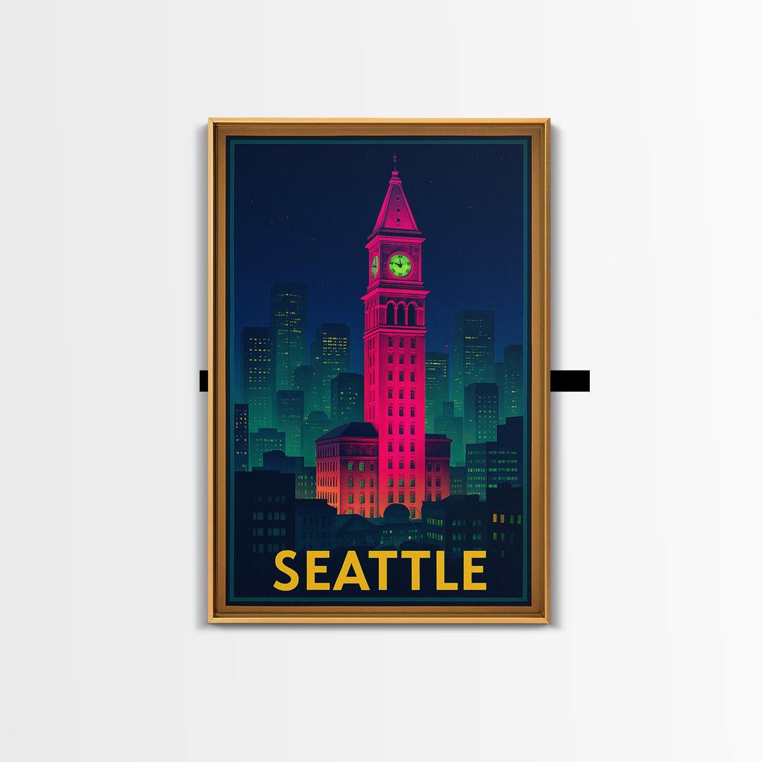Seattle Travel Poster, Framed Canvas Print, Cyberpunk Style City Art, Seattle Wall Art, Travel Wall Art, Vintage Travel Print, Design 5