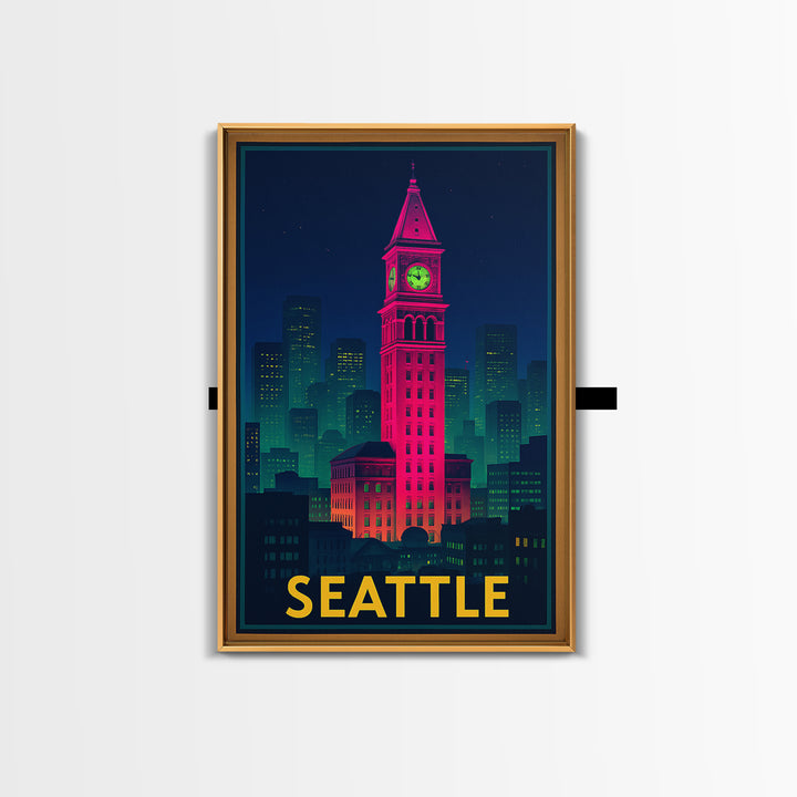 Seattle Travel Poster, Framed Canvas Print, Cyberpunk Style City Art, Seattle Wall Art, Travel Wall Art, Vintage Travel Print, Design 5