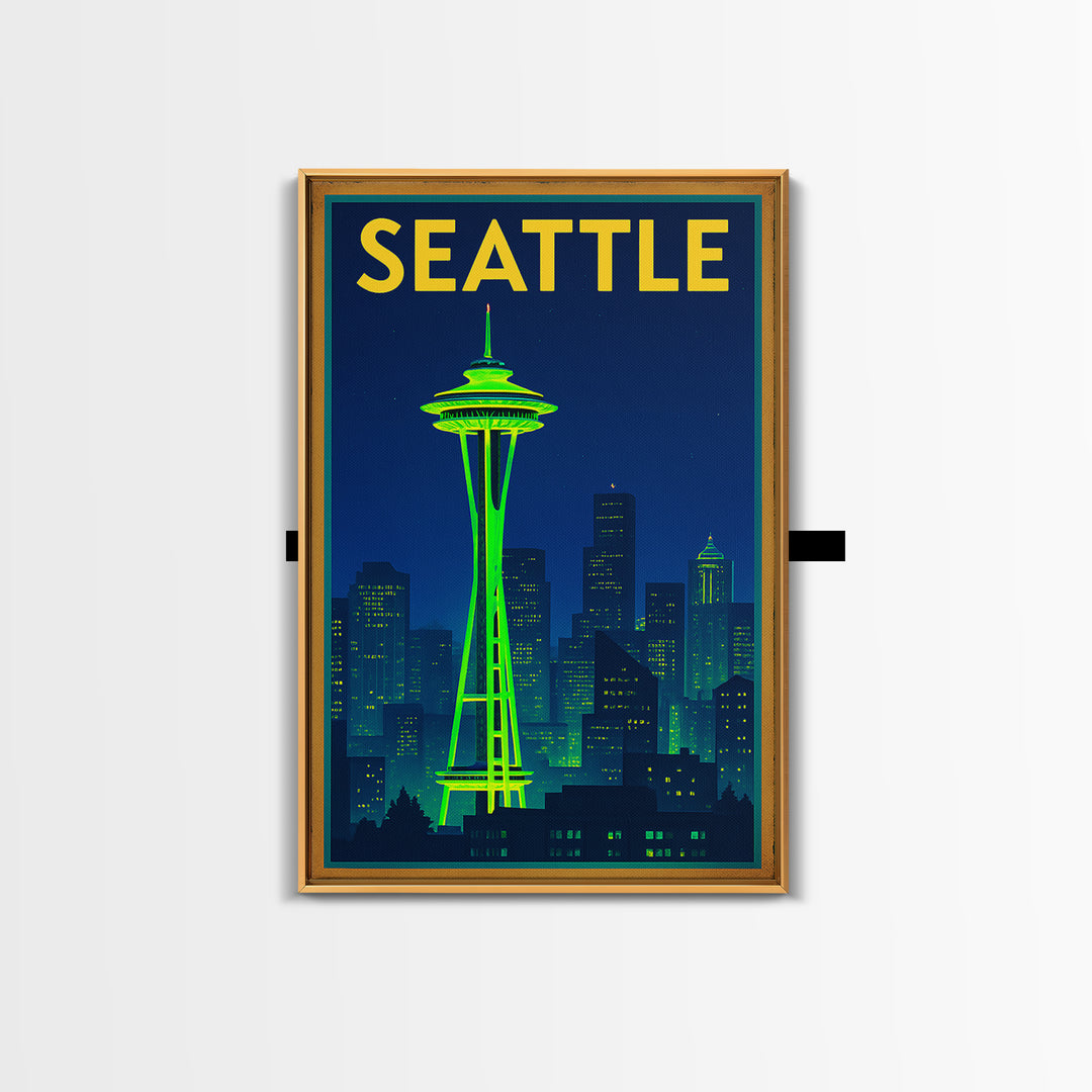 Seattle Travel Poster, Framed Canvas Print, Cyberpunk Style City Art, Seattle City Art, Wanderlust Decor, Retro Travel Print, Design 6