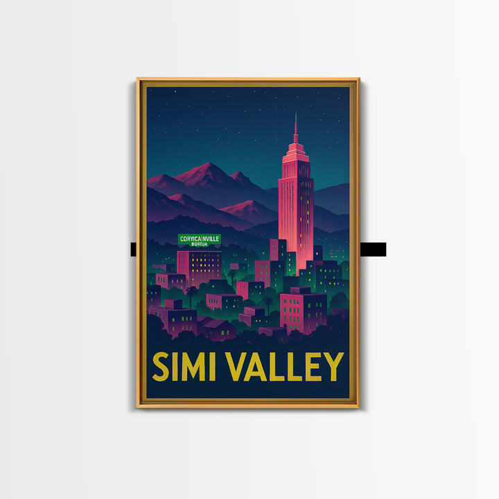 Simi Valley California Travel Poster, Canvas Print, Neon City Skyline Wall Art, Simi Valley Poster Print, Wall Decor, Travel Art Print