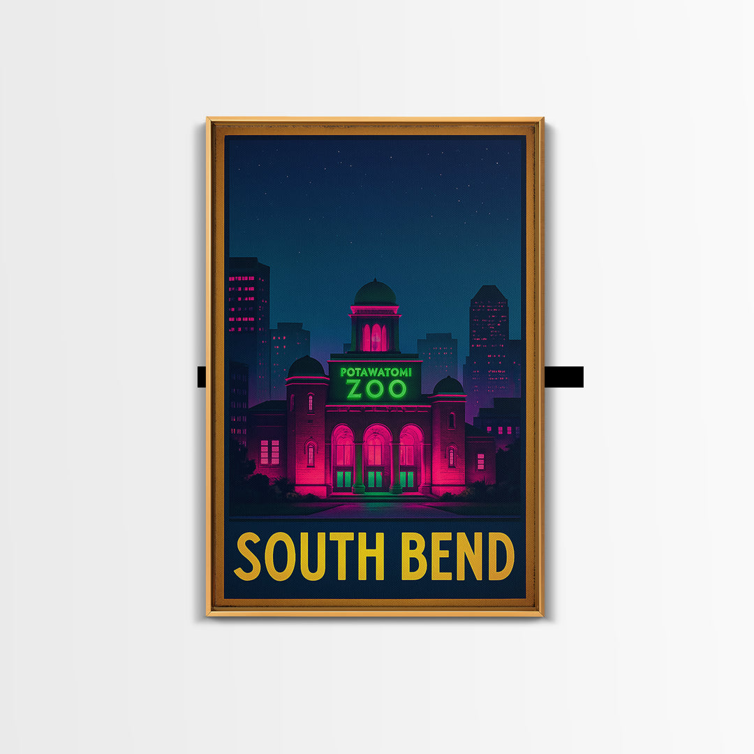South Bend Indiana Travel Poster, Canvas Print, Neon Skyline Wall Art, South Bend City Art, Vintage Travel Print, Retro Travel Print
