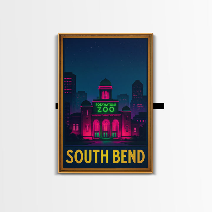 South Bend Indiana Travel Poster, Canvas Print, Neon Skyline Wall Art, South Bend City Art, Vintage Travel Print, Retro Travel Print