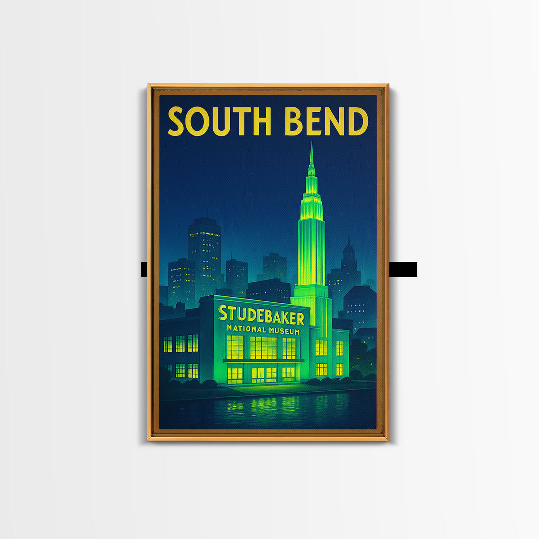South Bend Travel Poster, Framed Canvas Print, Neon City Skyline Wall Art, South Bend Wall Art, Wanderlust Decor, Living Room Wall Art