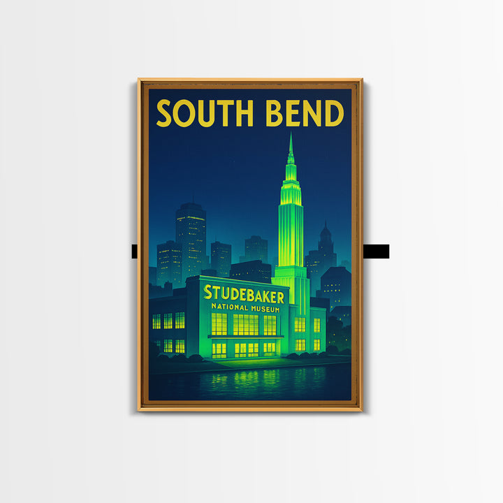 South Bend Travel Poster, Framed Canvas Print, Neon City Skyline Wall Art, South Bend Wall Art, Wanderlust Decor, Living Room Wall Art