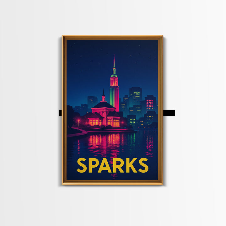 Sparks Nevada Travel Poster, Framed Canvas Print, Cyberpunk Style City Art, Sparks Poster Print, Travel Art Print, Mid Century Wall Art