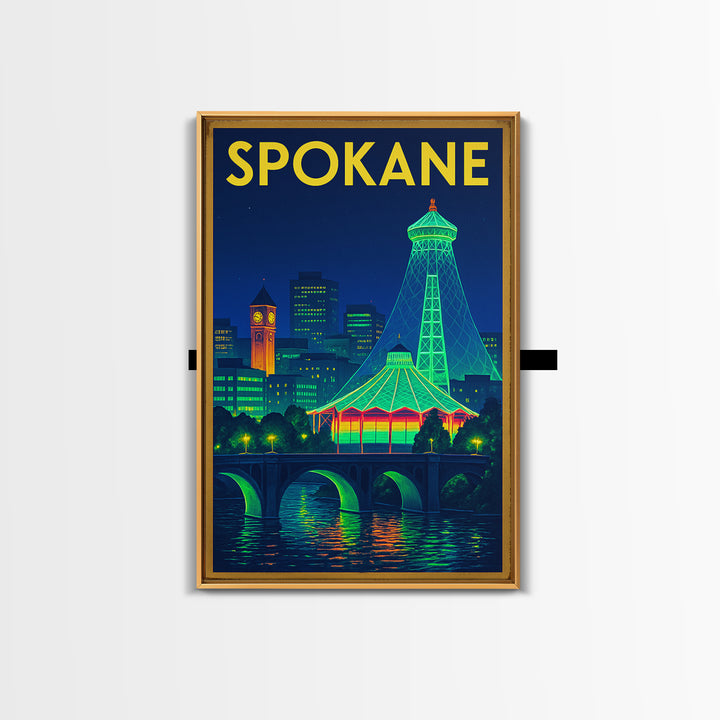 Spokane Travel Poster, Framed Canvas Print, Neon Skyline Wall Art, Spokane Travel Art, Travel Poster Set, Eclectic Wall Decor