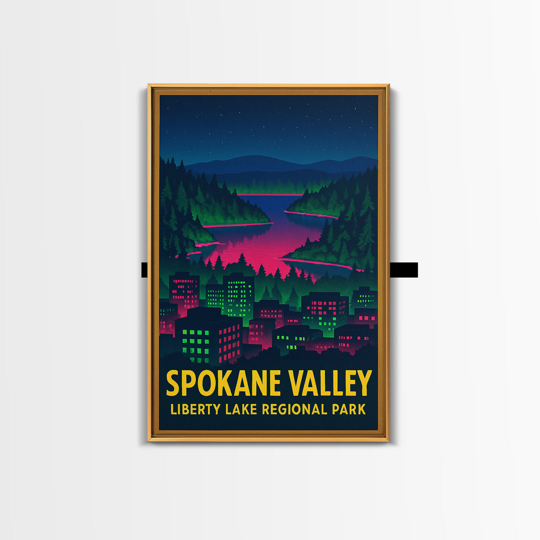 Spokane Valley Washington Travel Poster, Canvas Print, Electric Night Poster Art, Spokane Valley City Art, Travel Art Print