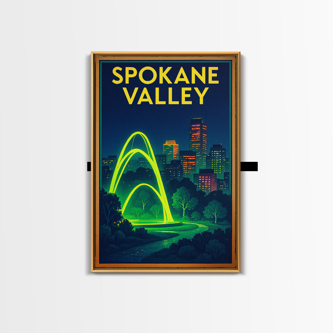 Spokane Valley Travel Poster, Framed Canvas Print, Cyberpunk Style City Art, Spokane Valley Wall Art, Vintage Travel Print, Retro Poster