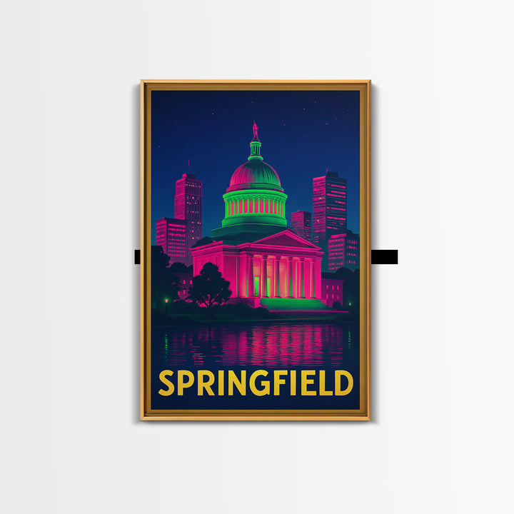 Springfield Travel Poster, Framed Canvas Print, Cyberpunk Style City Art, Springfield Travel Art, Fine Art Print, Mid Century Wall Art