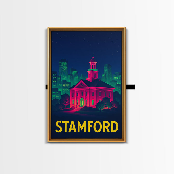 Stamford Connecticut Travel Poster, Canvas Print, Neon City Skyline Wall Art, Stamford Print, Travel Wall Art, Travel Print, Retro Poster