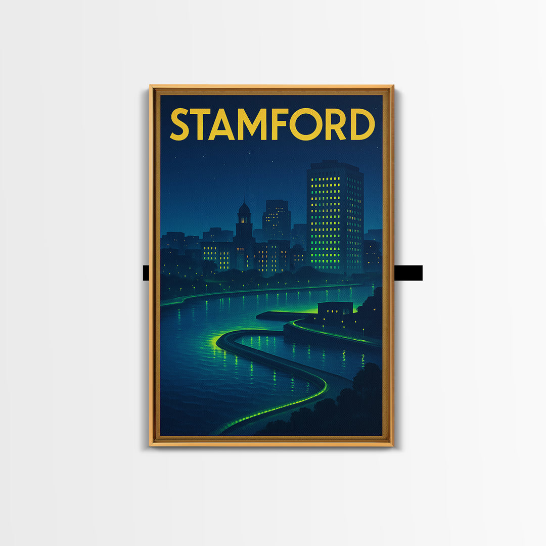 Stamford Travel Poster, Framed Canvas Print, Electric Night Poster Art, Stamford Travel Art, Travel Wall Decor, Travel Wall Art