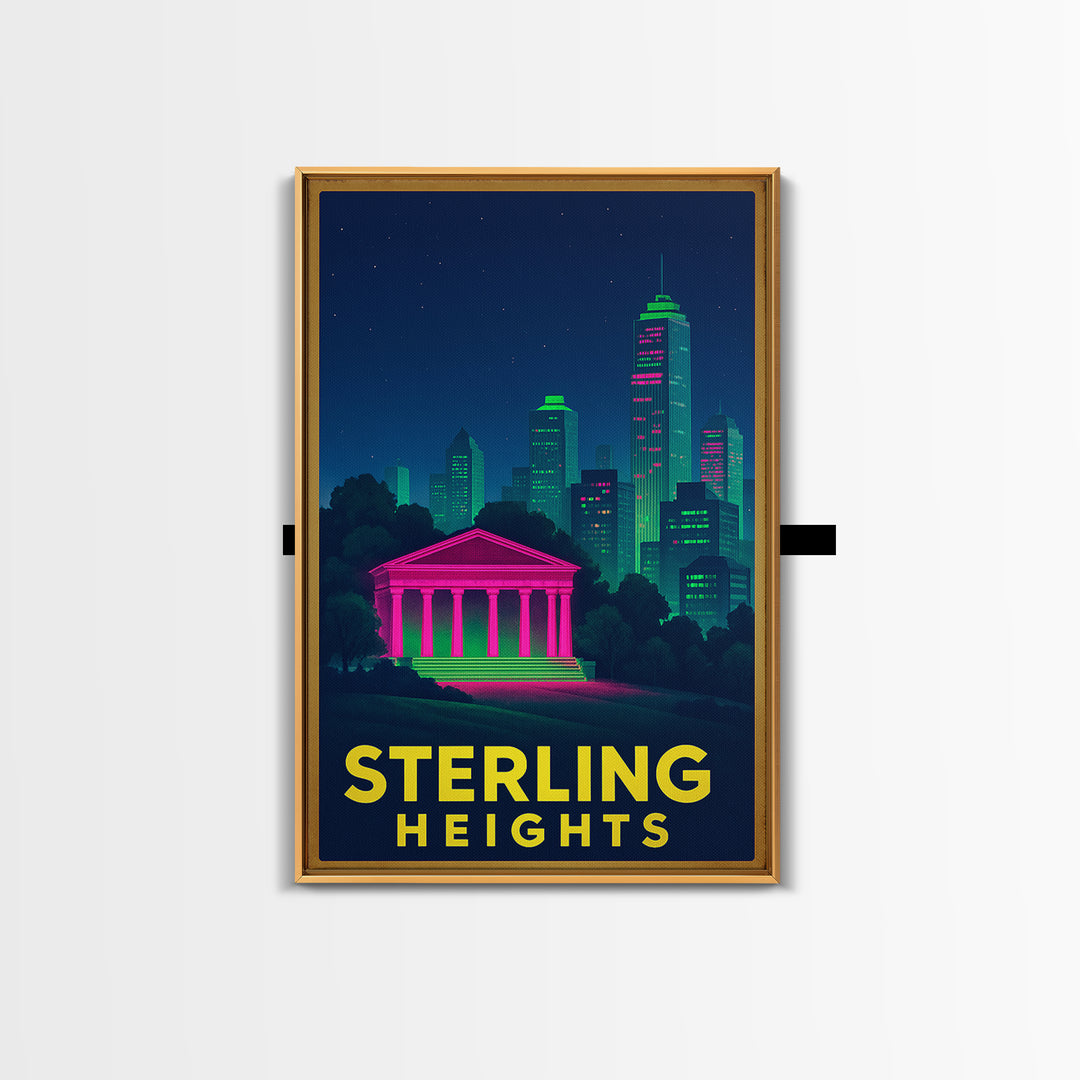Sterling Heights Michigan Travel Poster, Canvas Print, Electric Night Poster Art, Sterling Heights Art Print, Retro Travel Print, Wall Decor