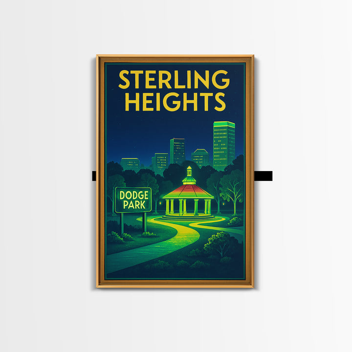 Sterling Heights Travel Poster, Framed Canvas Print, Neon City Skyline Wall Art, Sterling Heights Poster Print, City Illustration