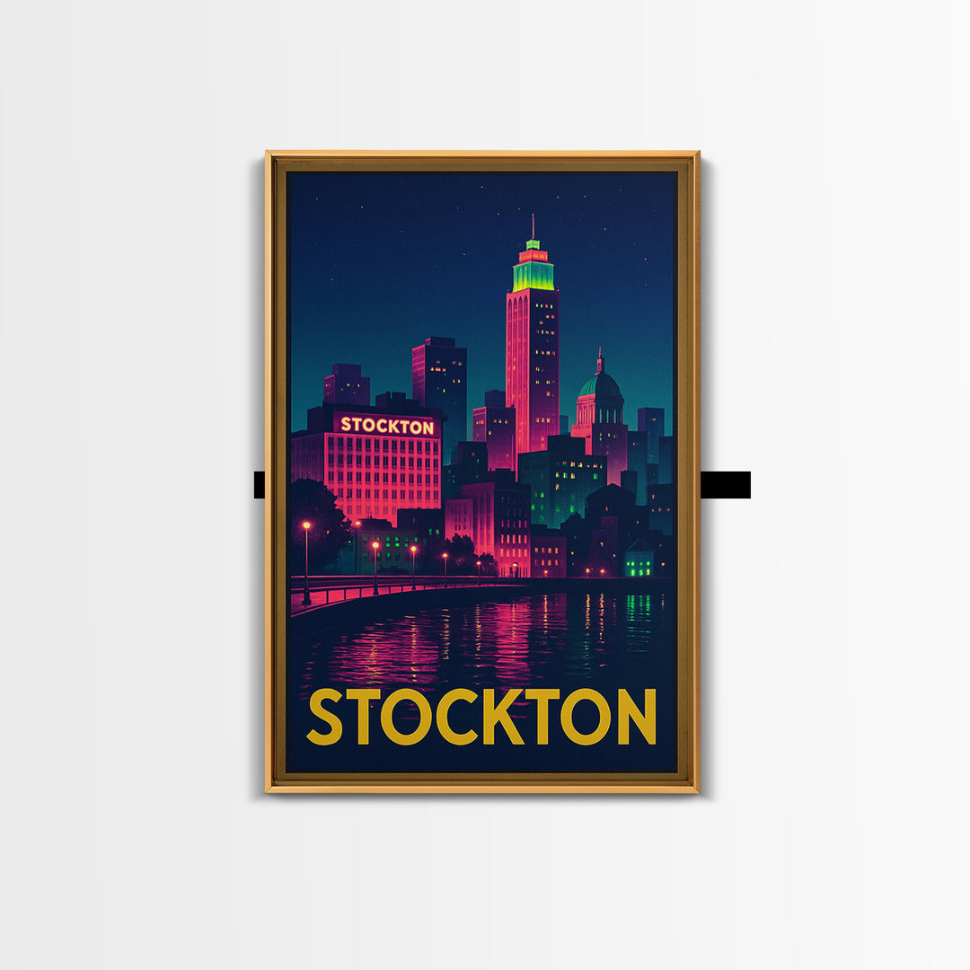 Stockton California Travel Poster, Canvas Print, Neon Skyline Art Wall Art, Stockton Art Print, Vintage City Art, Poster Art