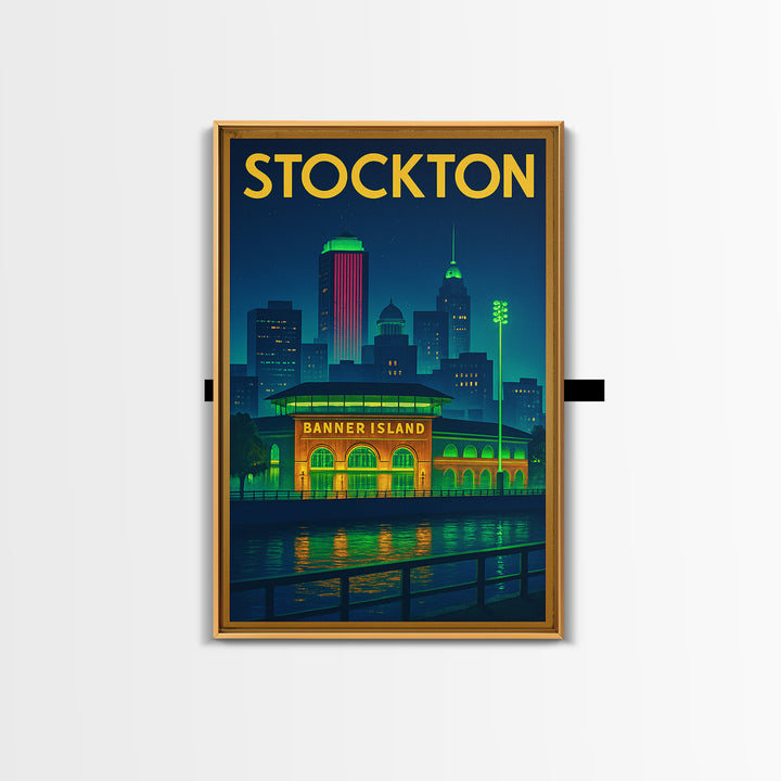 Stockton Travel Poster, Framed Canvas Print, Neon City Skyline Wall Art, Stockton Poster Print, Vintage City Art, Vintage Travel Art