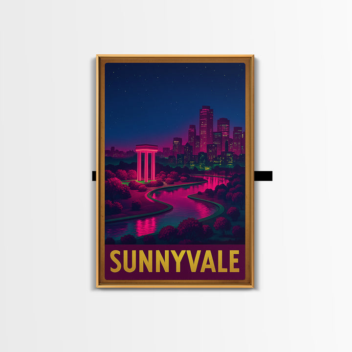 Sunnyvale California Travel Poster, Canvas Print, Neon Downtown Skyline Wall Art, Sunnyvale Art Print, Home Office Decor, Retro Travel Print