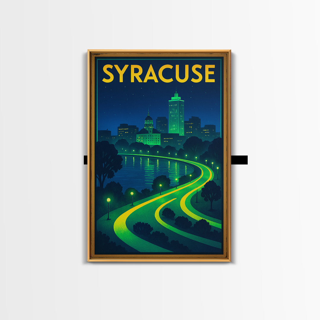 Syracuse Travel Poster, Framed Canvas Print, Neon City Skyline Wall Art, Syracuse Travel Art, Travel Art Print, Vintage Travel Print