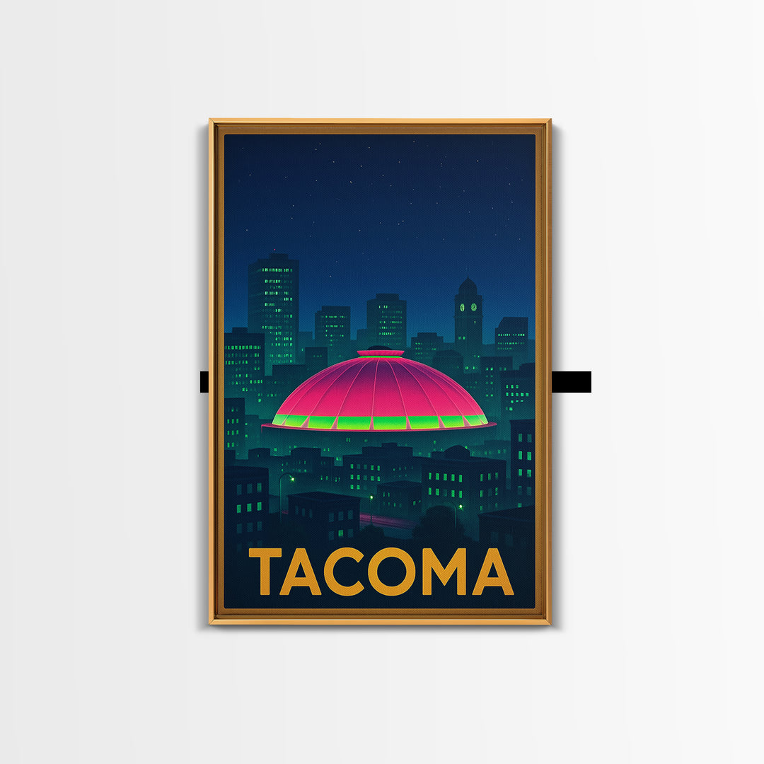 Tacoma Washington Travel Poster, Framed Canvas Print, Cyberpunk Style City Art, Tacoma Travel Art, Vintage City Poster, Mid Century Wall Art