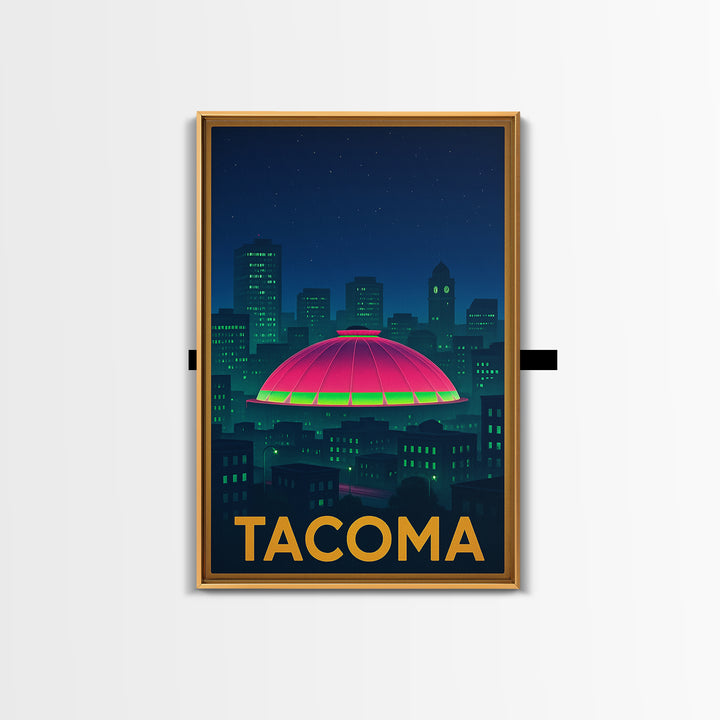 Tacoma Washington Travel Poster, Framed Canvas Print, Cyberpunk Style City Art, Tacoma Travel Art, Vintage City Poster, Mid Century Wall Art