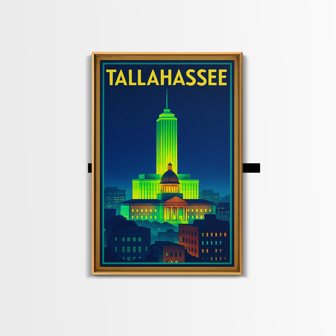 Talahassee Travel Poster, Framed Canvas Print, Neon Downtown Skyline Wall Art, Talahassee Art Print, Gift For Travelers, Vintage City Poster