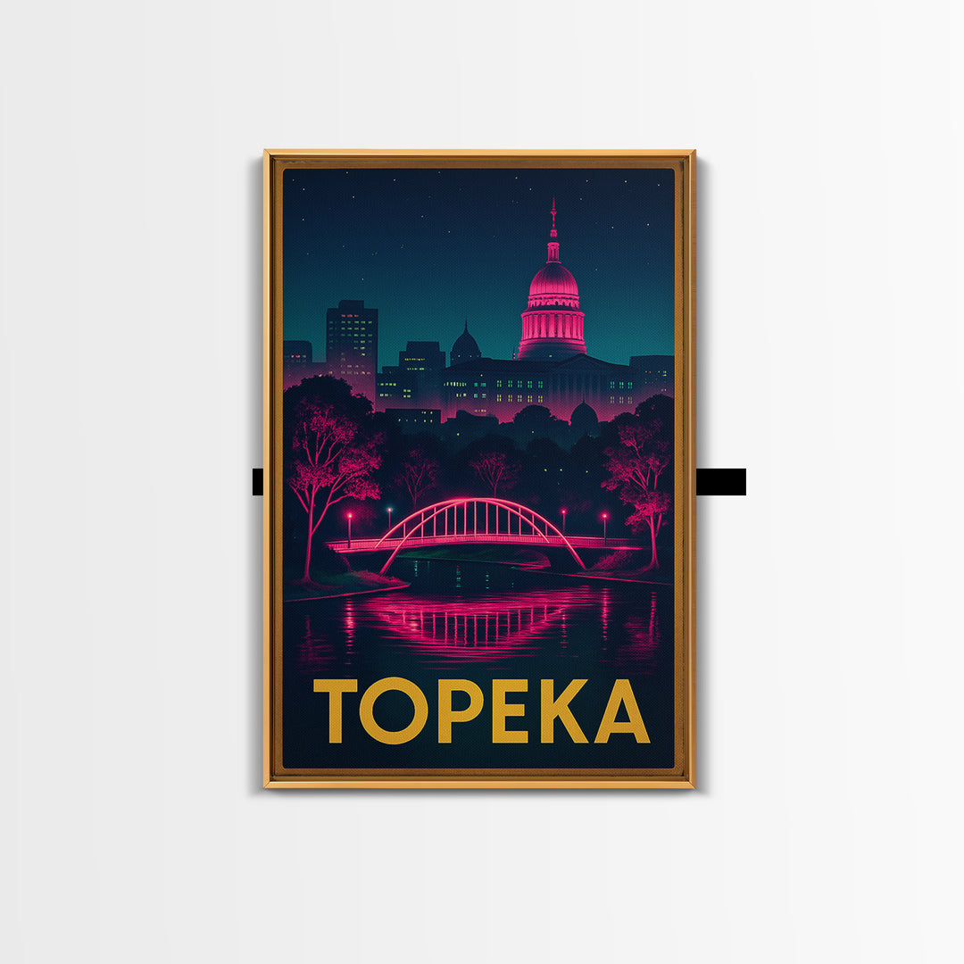 Topeka Kansas Travel Poster, Canvas Print, Retro Neon Travel Art, Topeka City Art, Travel Poster Art, Travel Wall Art, Living Room Wall Art