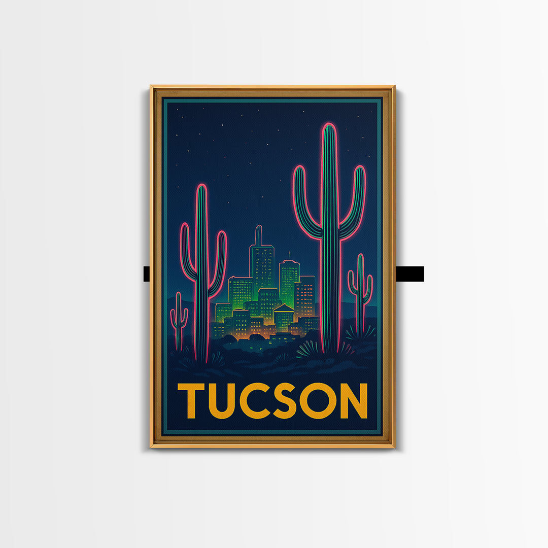 Tucson Arizona Travel Poster, Canvas Print, Retro Neon Travel Art, Tucson City Art, Travel Poster Set, Watercolor Skyline Art, Art Print