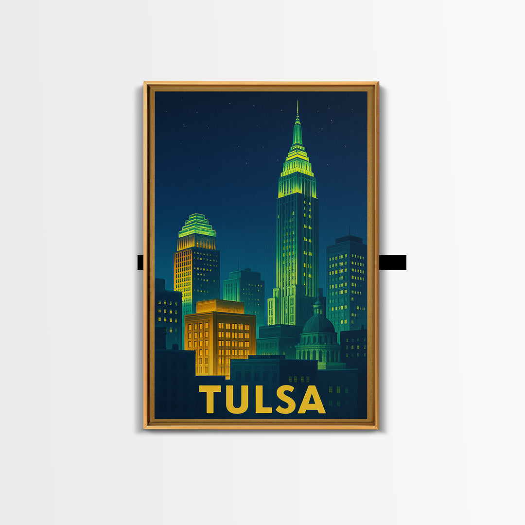 Tulsa Oklahoma Travel Poster, Canvas Print, Electric Night Poster Art, Tulsa Wall Art, City Travel Prints, Watercolor Cityscape, Poster Art