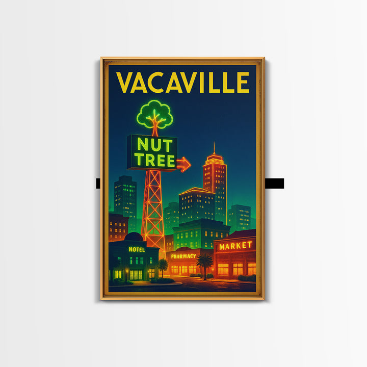 Vacaville Travel Poster, Framed Canvas Print, Electric Night Poster Art, Vacaville Travel Art, Travel Wall Art, Watercolor Skyline Art