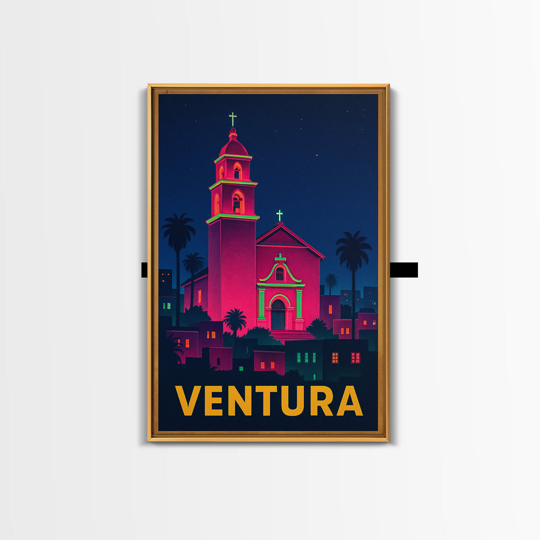 Ventura California Travel Poster, Canvas Print, Neon Skyline Art Wall Art, Ventura Art Print, Wall Decor, City Illustration, Home Decor