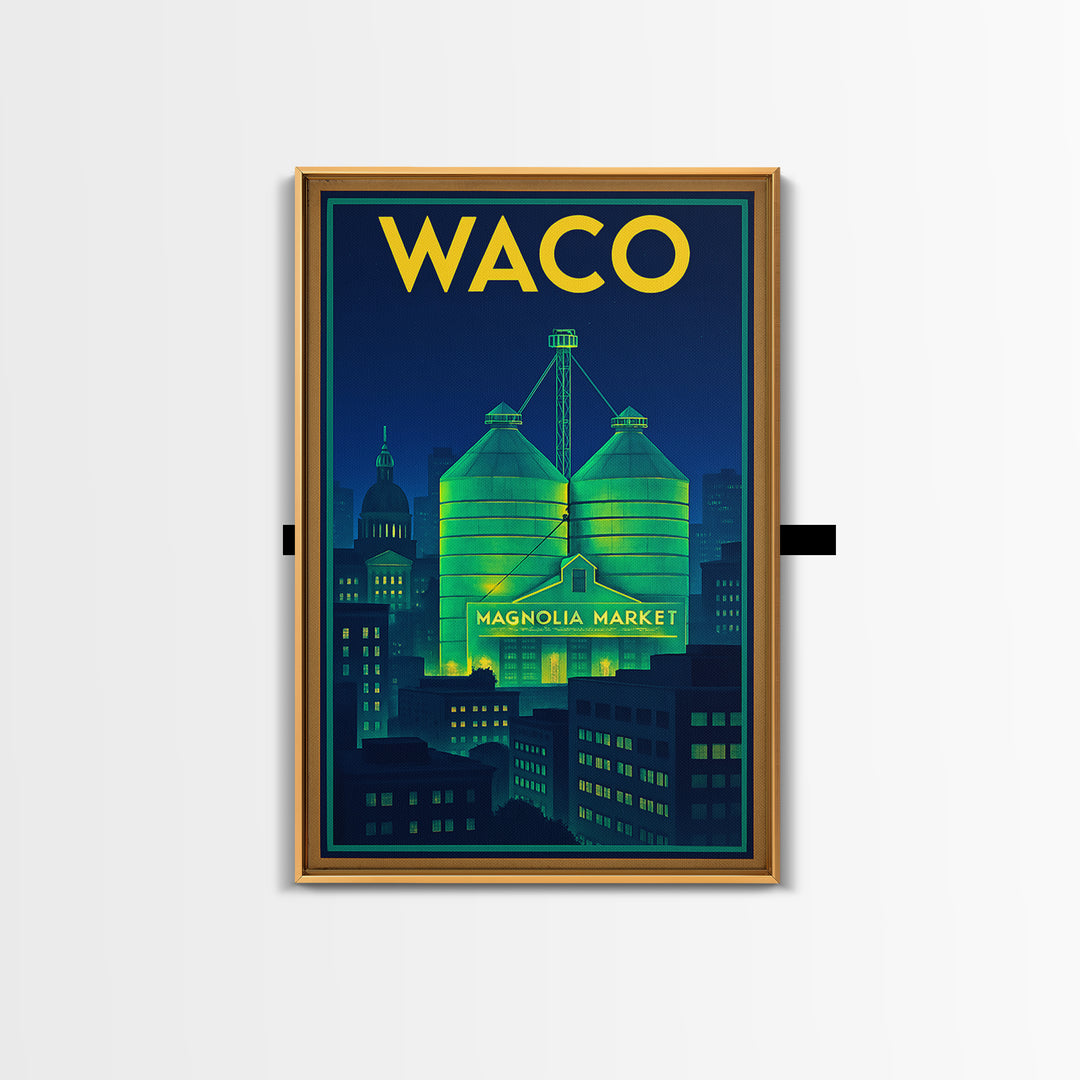 Waco Travel Poster, Framed Canvas Print, Electric Night Poster Art, Waco Travel Art, Watercolor Cityscape, Travel Wall Art, Poster Print