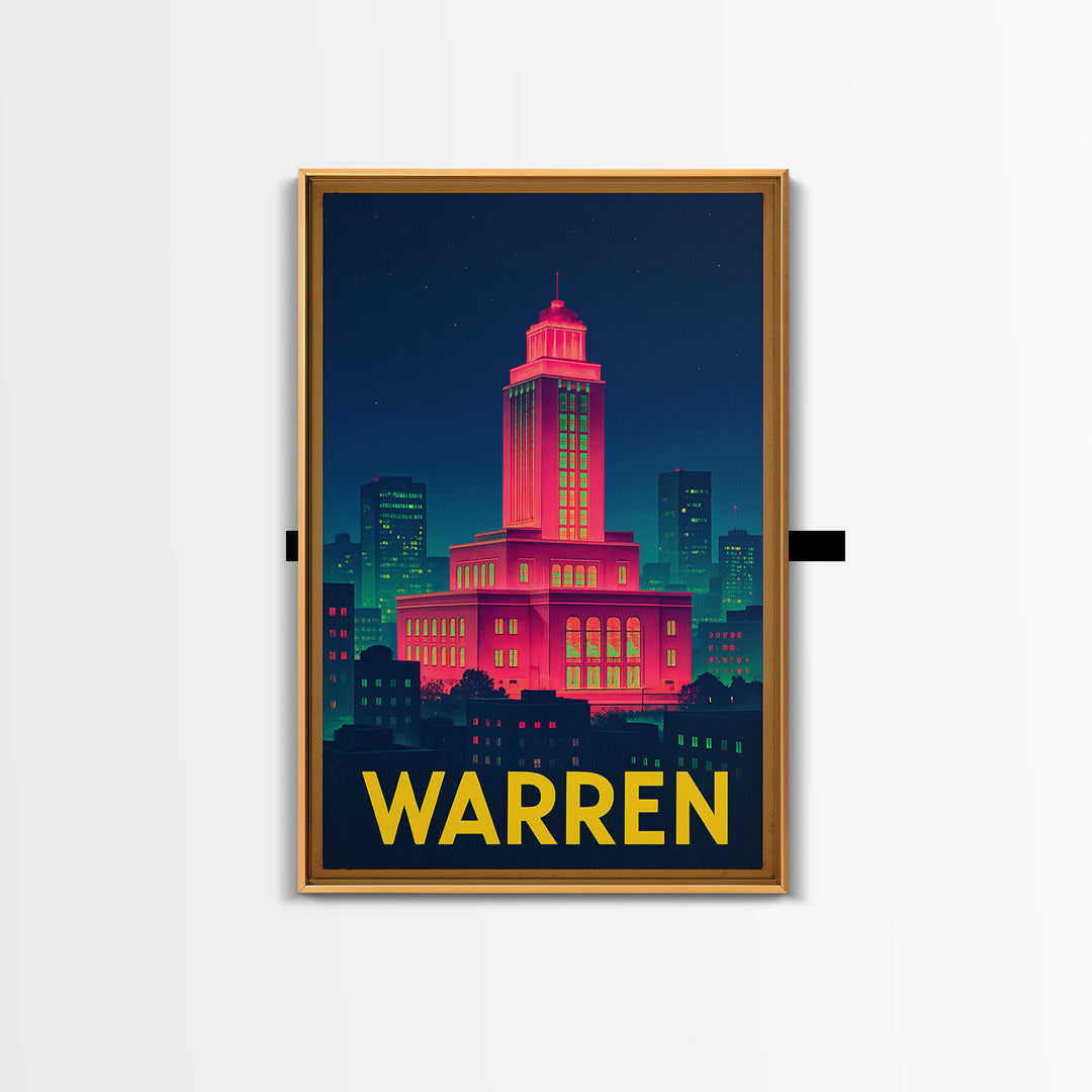 Warren Michigan Travel Poster, Canvas Print, Retro Neon Travel Art, Warren Wall Art, Home Office Decor, Modern Wall Decor, City Illustration