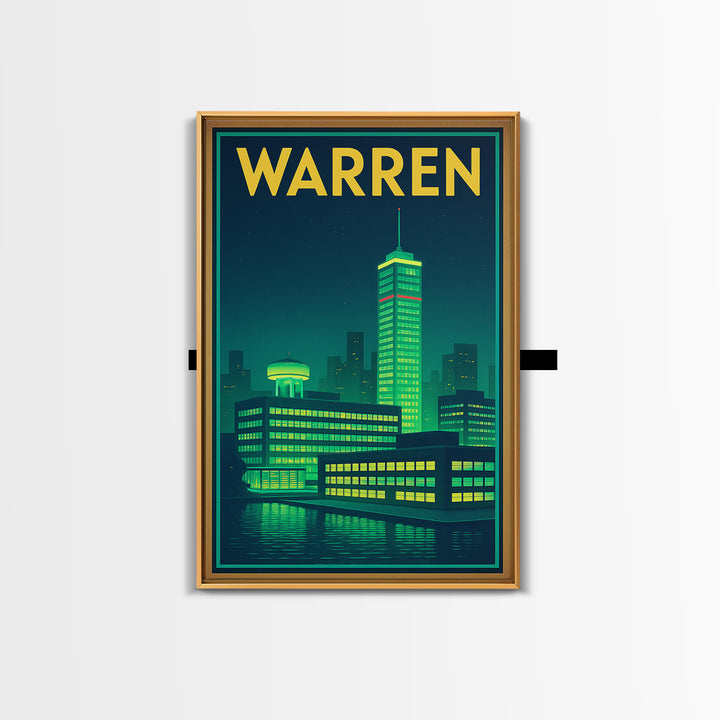 Warren Travel Poster, Canvas Print, Neon Urban Skyline Wall Art, Warren Wall Art, Wall Decor, Mid Century Wall Art, Wanderlust Decor