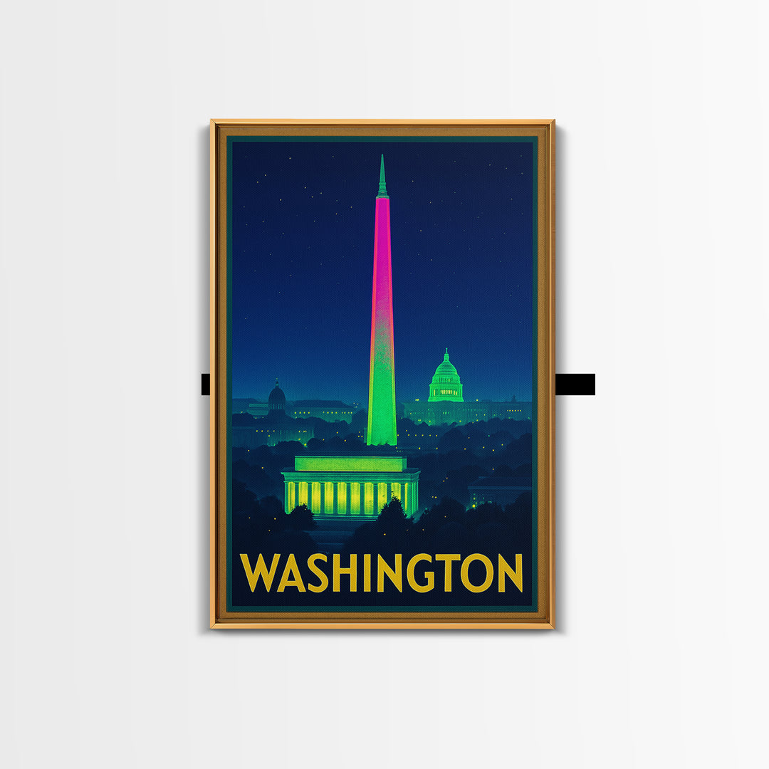 Washington Travel Poster, Framed Canvas Print, Electric Night Poster Art, Washington Travel Art, Vintage Travel Print, Gift For Travelers