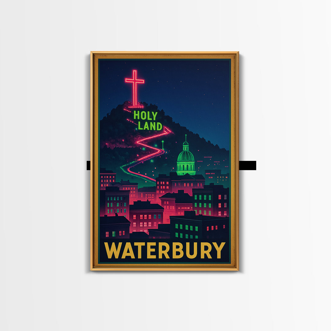 Waterbury Travel Poster, Framed Canvas Print, Neon Skyline Wall Art, Waterbury Art Print, Fine Art Print, Vintage Travel Art