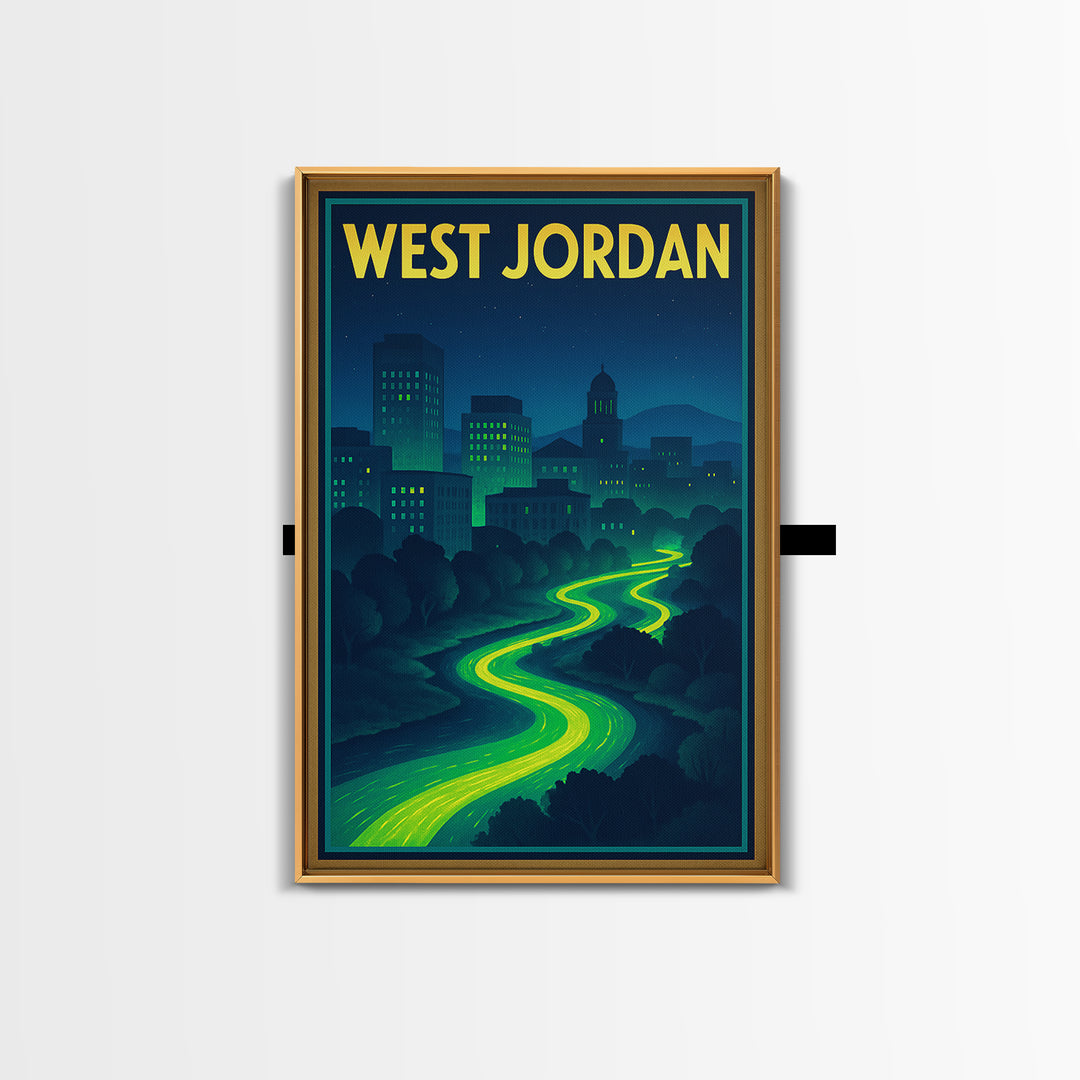 West Jordan Travel Poster, Framed Canvas Print, Cyberpunk Style City Art, West Jordan Poster Print, Fine Art Print, Vintage City Art