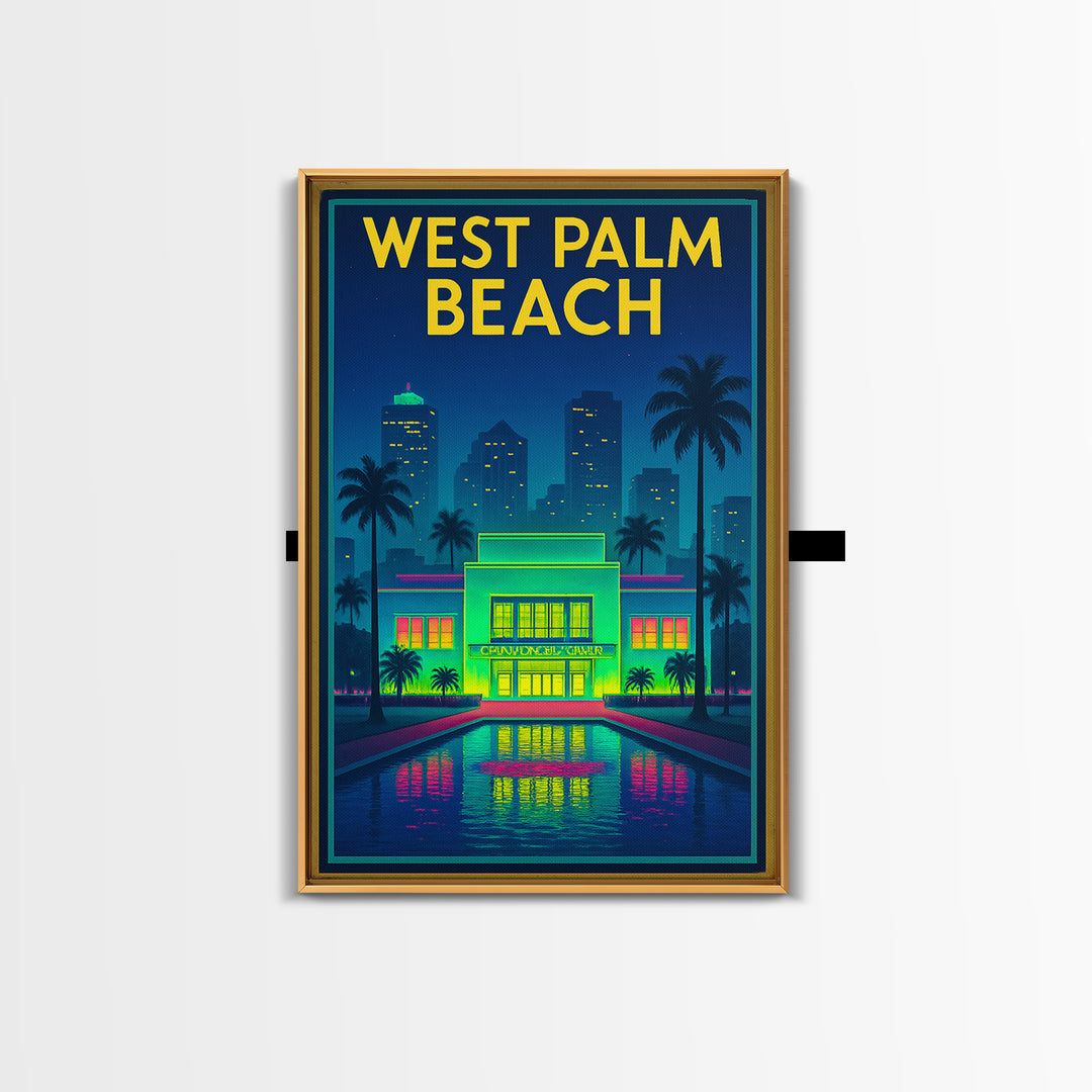West Palm Beach Travel Poster, Framed Canvas Print, Neon City Skyline Wall Art, West Palm Beach Poster Print, Retro Travel Print, Wall Art