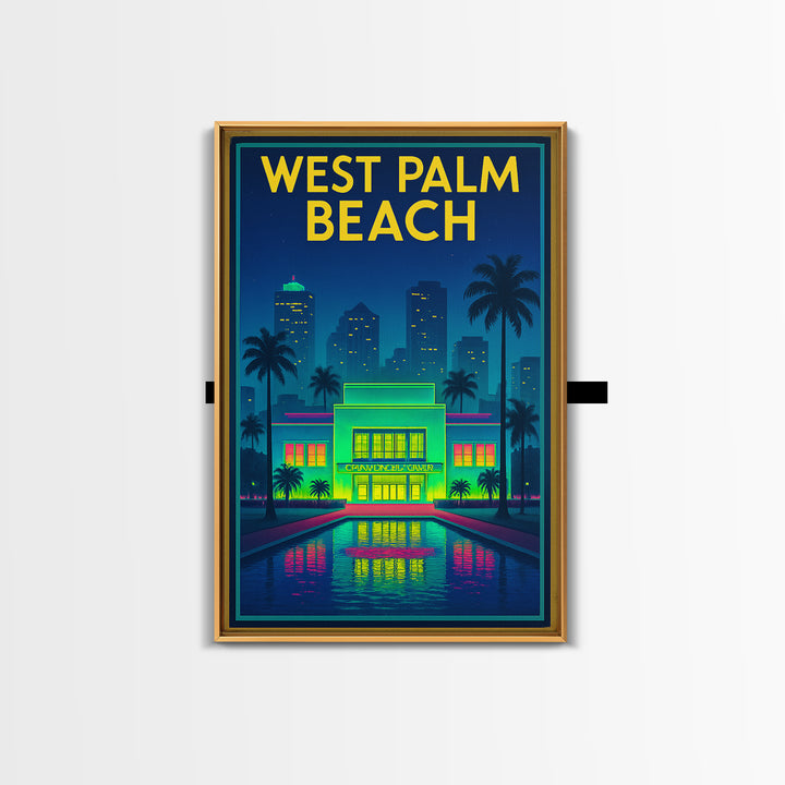 West Palm Beach Travel Poster, Framed Canvas Print, Neon City Skyline Wall Art, West Palm Beach Poster Print, Retro Travel Print, Wall Art