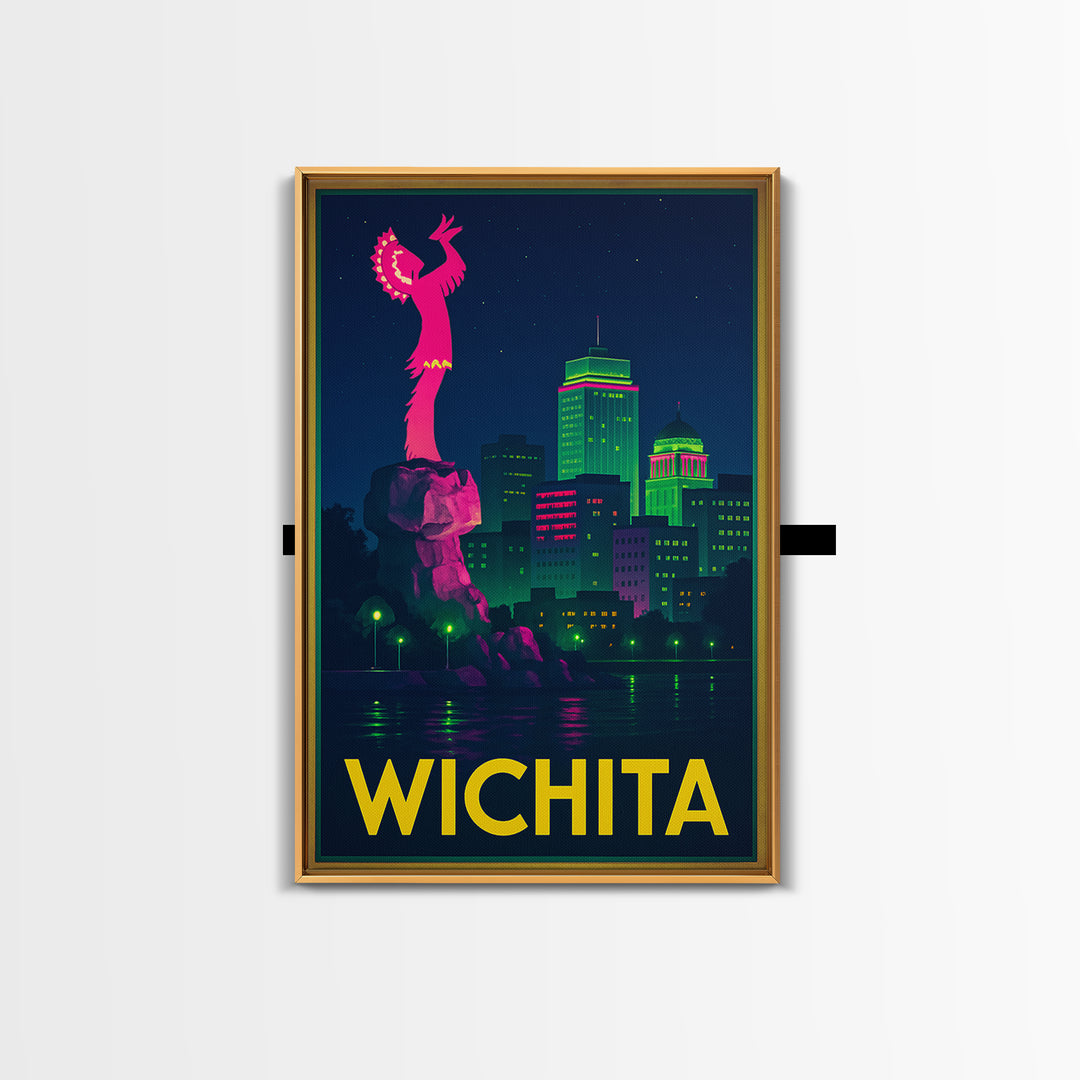 Wichita Kansas Travel Poster, Canvas Print, Retro Neon Travel Art, Wichita Print, City Poster, Travel Wall Art, Watercolor Urban Skyline