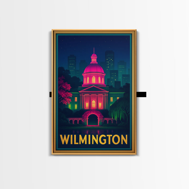 Wilmington North Carolina Travel Poster, Framed Canvas Print, Retro Neon Travel Art, Wilmington Travel Art, City Art Print, Vintage City Art