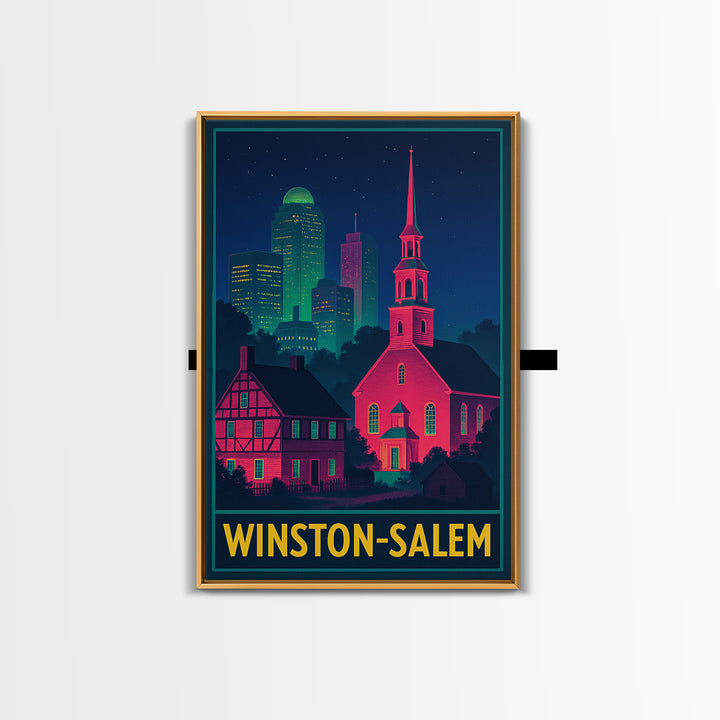 Winston Salem North Carolina Travel Poster, Canvas Print, Retro Neon Travel Art, Winston Salem Art Print, Watercolor Urban Skyline