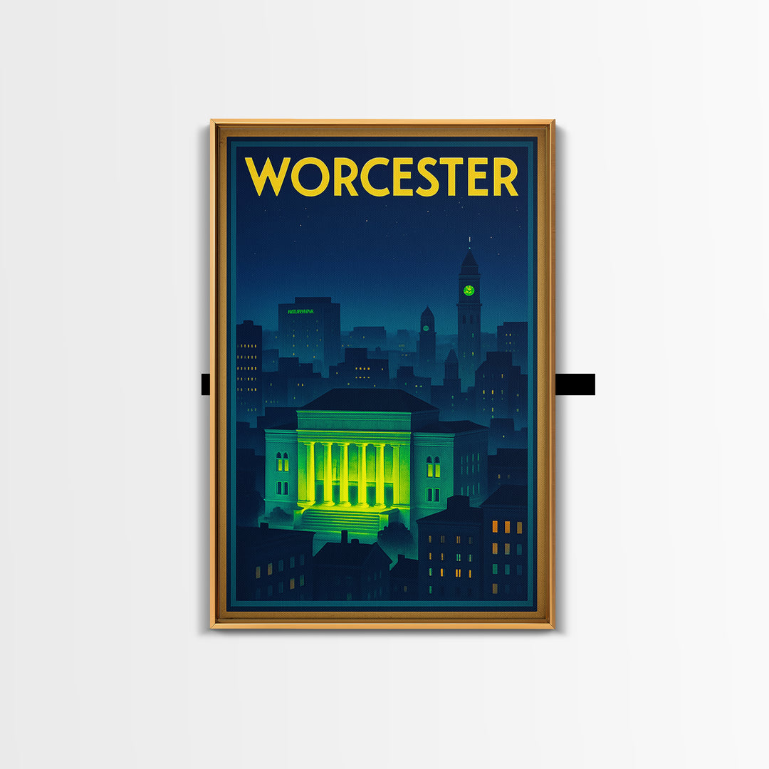 Worcester Travel Poster, Framed Canvas Print, Neon Skyline Art Wall Art, Worcester Travel Art, Vintage Travel Print, Vintage City Poster