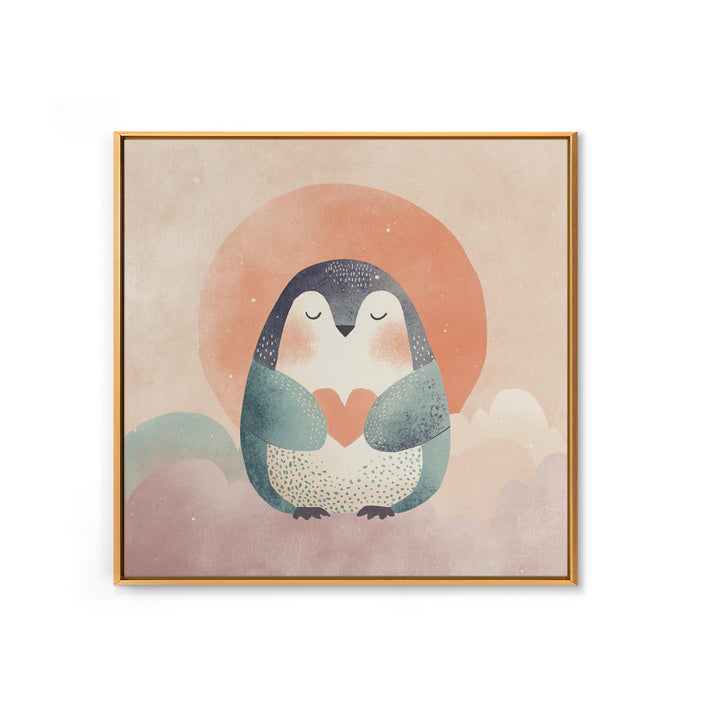 Penguin Holding a Little Heart Shape Canvas Print, Nursery Art, Watercolor Print, Nursery Decor, Abstract Art, Nursery, NUR-1x1-10