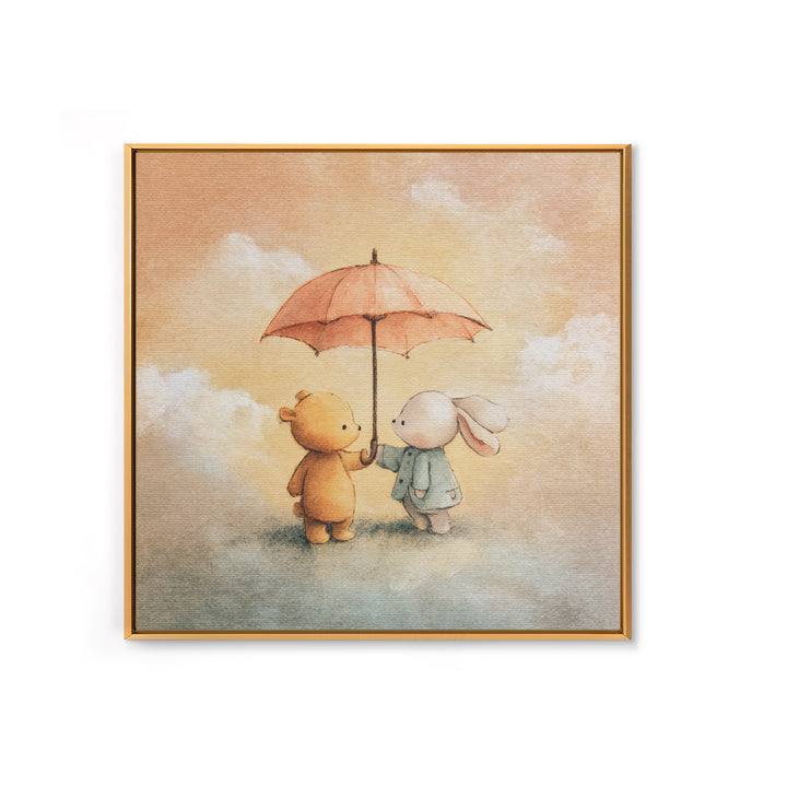 Bear and Rabbit Sharing Umbrella Framed Canvas Print, Nursery Art, Home Decor, Nursery Decor, Fine Art, Nursery, NUR-1x1-41