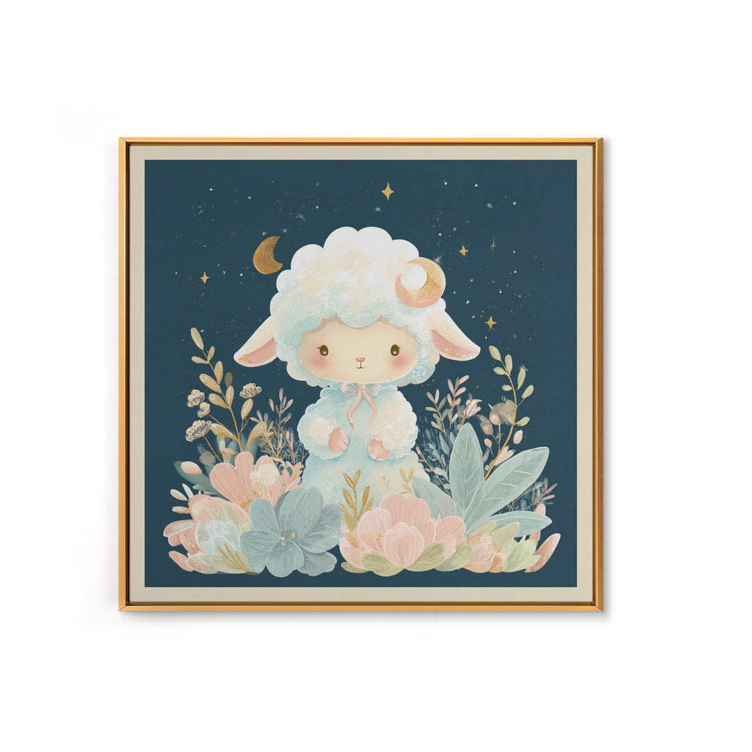 Little Lamb under a Starry Sky Framed Canvas Print, Nursery Art, Woodland Nursery, Nursery Decor, Oil Painting, Nursery, NUR-1x1-43