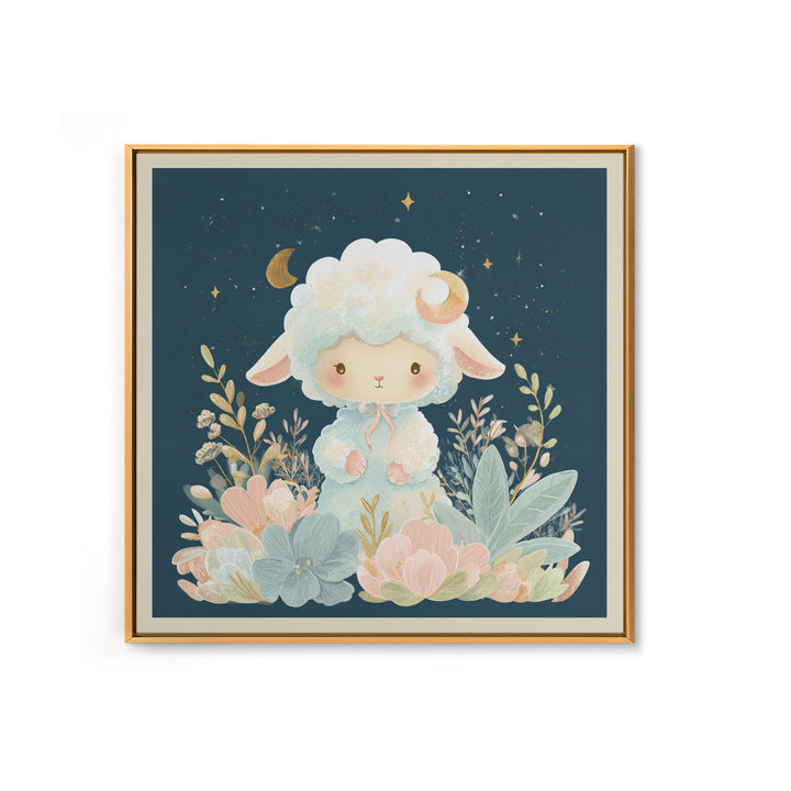 Little Lamb under a Starry Sky Framed Canvas Print, Nursery Art, Woodland Nursery, Nursery Decor, Oil Painting, Nursery, NUR-1x1-43