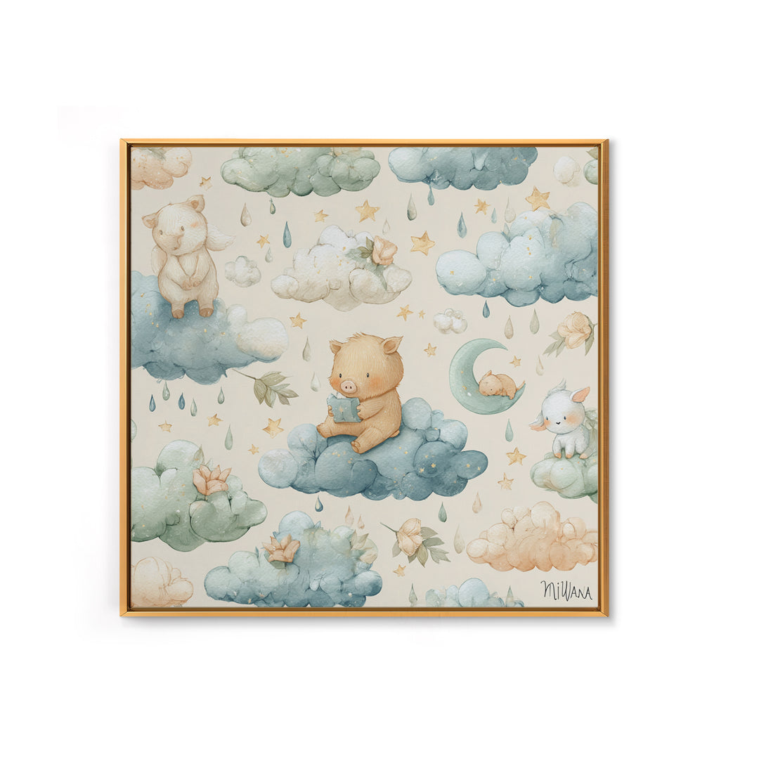 Clouds and Raindrops Framed Canvas Print, Nursery Art, Playroom Wall Art, Nursery Decor, Fine Art, Nursery, Statement Artwork, NUR-1x1-46